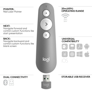 Logitech R500 Laser Presentation Remote apuntador inalámbricos Bluetooth/RF Gris