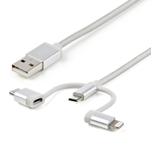 StarTech.com Cable Trenzado de 1m USB a Lightning USB-C y Micro USB - Cable Cargador para Teléfono Móvil iPhone iPad Tablet LTCUB1MGR