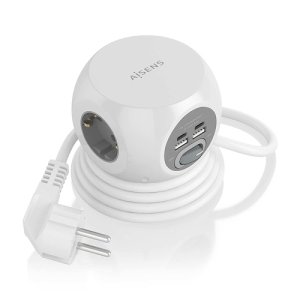 AISENS Regleta de Enchufes Sobremesa Multifuncion con 3 Tomas + 2xUSB-C