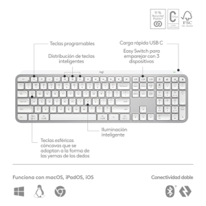 Logitech MX Keys S teclado RF Wireless + Bluetooth QWERTY Español Aluminio, Blanco Logitech MX Keys S teclado RF Wireless + Bluetooth QWERTY Español Aluminio, Blanco
