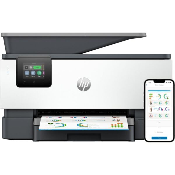 HP OfficeJet Pro Impresora multifunción 9120b, Color, Impresora para Home y Home Office, Imprima, copie, escanee y envíe por fax, Conexión inalámbrica; Impresión a doble cara; Escaneado a doble cara; Escanear a correo electrónico; Escanear a PDF; Fax; Puerto frontal de unidad flash USB; Pantalla táctil; Impresión desde móvil o tablet; Alimentador automático de documentos