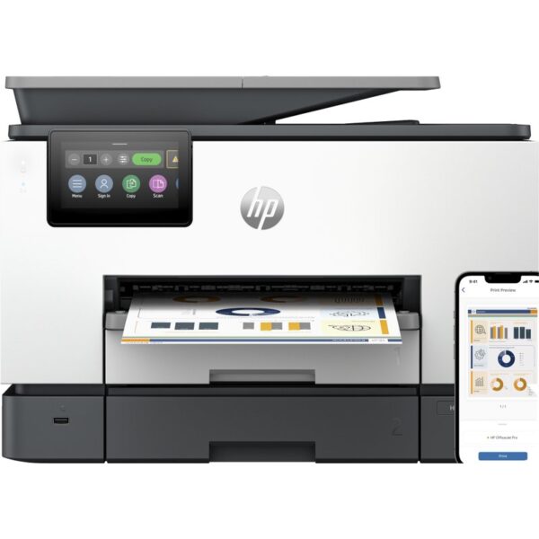 HP OfficeJet Pro Impresora multifunción 9130b, Color, Impresora para Pequeñas y medianas empresas, Imprima, copie, escanee y envíe por fax, Conexión inalámbrica; Impresión desde móvil o tablet; Alimentador automático de documentos; Impresión a doble cara; Escaneado a doble cara; Escanear a correo electrónico; Escanear a PDF; Fax; Puerto frontal de unidad flash USB; Pantalla táctil