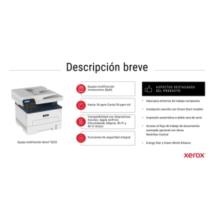 Xerox B225 A4 34 ppm Inalámbrica a doble cara Copia/impresión/escaneado PS3 PCL5e/6 ADF 2 bandejas Total 251 hojas
