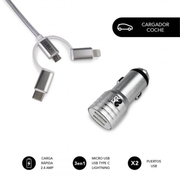 CARGADOR COCHE SUBBLIM ALUM 2.4A + CABLE 3 IN1 SILVER