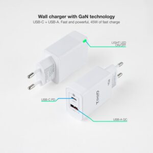 TooQ Cargador de Pared GaN USB-C/PD + USB-A/QC 45W, Blanco