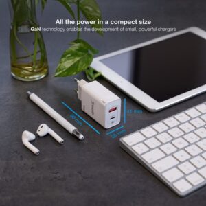 TooQ Cargador de Pared GaN USB-C/PD + USB-A/QC 45W, Blanco