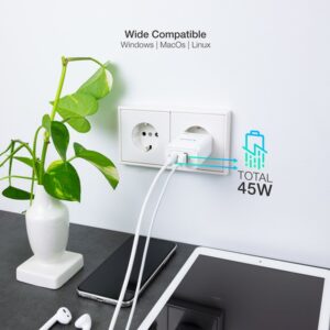 TooQ Cargador de Pared GaN USB-C/PD + USB-A/QC 45W, Blanco