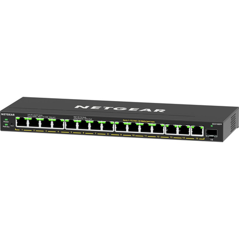 NETGEAR 16-Port High-Power PoE+ Gigabit Ethernet Plus Switch (231W) with 1 SFP port (GS316EPP) Gestionado Energía sobre Ethernet (PoE) Negro - Imagen 2