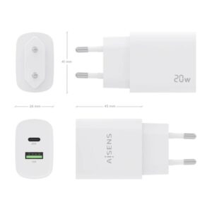 AISENS Cargador 20W, 1xUSB-C PD3.0, 1xUSB-A QC3.0, Blanco