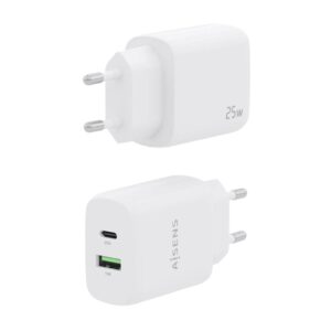AISENS Cargador 25W, 1xUSB-C PD3.0, 1xUSB-A QC3.0, Blanco