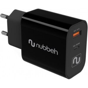 CARGADOR USB NUBBEH DUAL 30W USB + USB-C BLACK PARA CASA