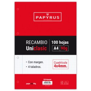 RECAMBIO PAQUETE 100 HOJAS A4 UNICLASIC 90 GR. 4X4 CON MARGEN PAPYRUS 53391000