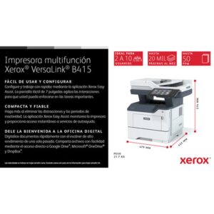 Xerox VersaLink B415 A4 47ppm Copia/impresión/escaneado/fax a doble cara PS3 PCL5e/6 2 bandejas 650 hojas