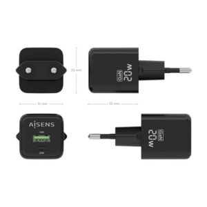 AISENS Cargador GaN 20W, 1xUSB-C PD3.0 QC4.0, 1xUSB-A QC3.0, Negro