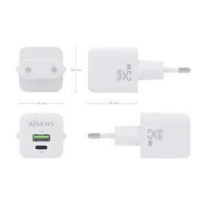 AISENS Cargador GaN 25W, 1xUSB-C PD3.0 QC4.0, 1xUSB-A QC3.0, Blanco