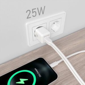 AISENS Cargador GaN 25W, 1xUSB-C PD3.0 QC4.0, 1xUSB-A QC3.0, Blanco