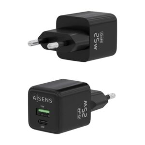 AISENS Cargador GaN 25W, 1xUSB-C PD3.0 QC4.0, 1xUSB-A QC3.0, Negro