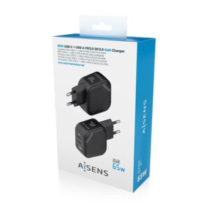 AISENS Cargador GaN 65W, 2xUSB-C PD3.0 QC4.0, 1xUSB-A QC3.0, Negro