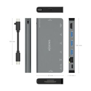 AISENS USB-C Dock 8 en 1, USB-C a 1xHDMI, 1xRJ45, 3xUSB-A, 1xUSB-C Datos+PD, 1xSD, 1xMicro SD, Gris, 10 cm