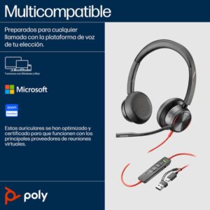 POLY Auriculares estéreo Blackwire 8225 con certificación Microsoft Teams USB-C + Adaptador USB-C/A