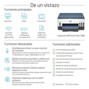 HP Smart Tank Impresora multifunción 7006, Impresión, escaneado, copia, Wi-Fi, Escanear a PDF