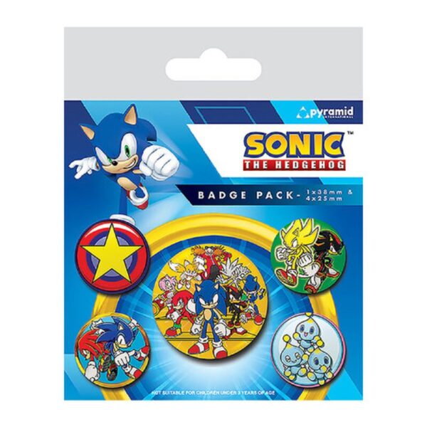 SET DE CHAPAS (5 UNIDADES) SONIC THE HEDGEHOG (SPEED TEAM) MEDIDAS: 1 X 3,8 CM/ 4 X 2,5CM PYRAMID BP80804