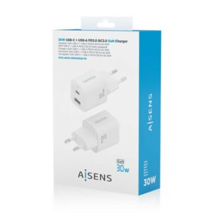 AISENS Cargador Gan 30W, 1xUSB-C PD3.0 QC4.0, 1xUSB-A QC3.0, Blanco AISENS Cargador Gan 30W, 1xUSB-C PD3.0 QC4.0, 1xUSB-A QC3.0, Blanco