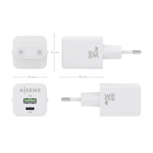 AISENS Cargador Gan 30W, 1xUSB-C PD3.0 QC4.0, 1xUSB-A QC3.0, Blanco AISENS Cargador Gan 30W, 1xUSB-C PD3.0 QC4.0, 1xUSB-A QC3.0, Blanco