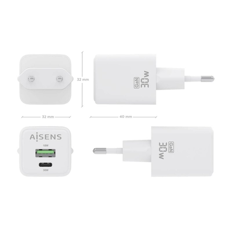 AISENS Cargador Gan 30W, 1xUSB-C PD3.0 QC4.0, 1xUSB-A QC3.0, Blanco AISENS Cargador Gan 30W, 1xUSB-C PD3.0 QC4.0, 1xUSB-A QC3.0, Blanco - Imagen 4