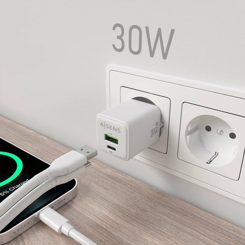 AISENS Cargador Gan 30W, 1xUSB-C PD3.0 QC4.0, 1xUSB-A QC3.0, Blanco AISENS Cargador Gan 30W, 1xUSB-C PD3.0 QC4.0, 1xUSB-A QC3.0, Blanco - Imagen 6