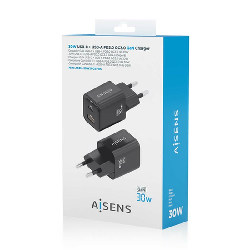 AISENS Cargador Gan 30W, 1xUSB-C PD3.0 QC4.0, 1xUSB-A QC3.0, Negro AISENS Cargador Gan 30W, 1xUSB-C PD3.0 QC4.0, 1xUSB-A QC3.0, Negro - Imagen 6