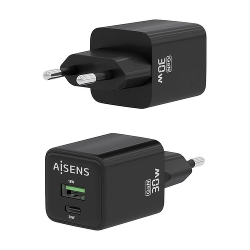 AISENS Cargador Gan 30W, 1xUSB-C PD3.0 QC4.0, 1xUSB-A QC3.0, Negro - Imagen 3