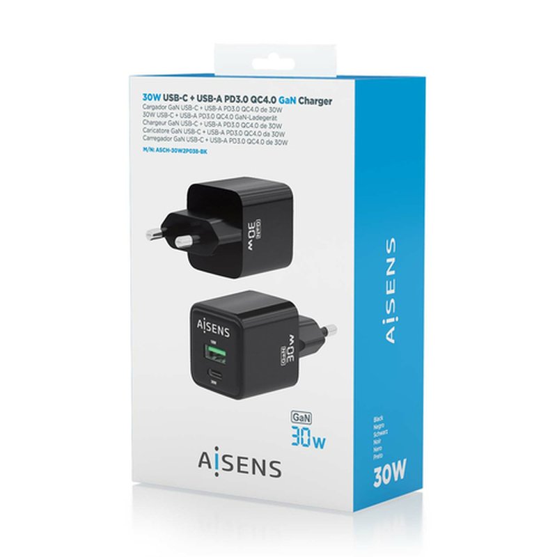 AISENS Cargador Gan 30W, 1xUSB-C PD3.0 QC4.0, 1xUSB-A QC3.0, Negro - Imagen 6