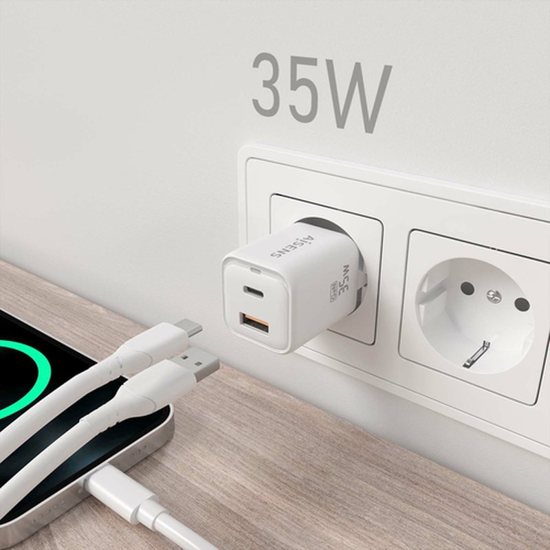AISENS Cargador Gan 35W, 1xUSB-C PD3.0 QC4.0, 1xUSB-A QC3.0, Blanco - Imagen 5