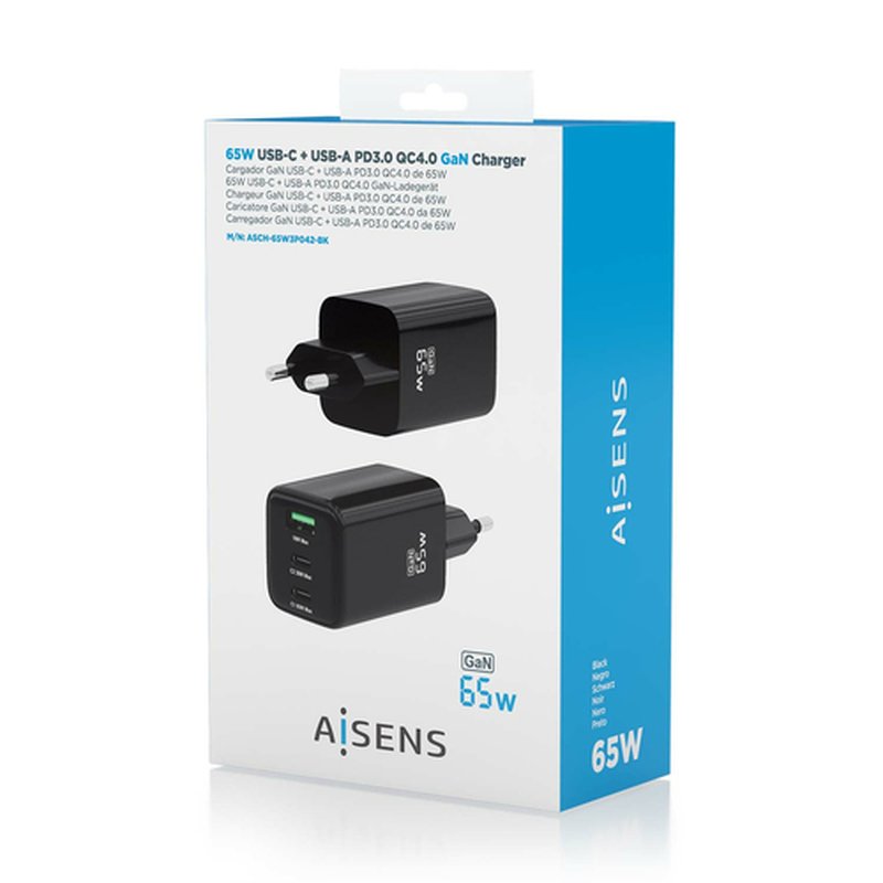 AISENS Cargador Gan 65W, 2xUSB-C PD3.0 QC4.0, 1xUSB-A QC3.0, Negro - Imagen 6