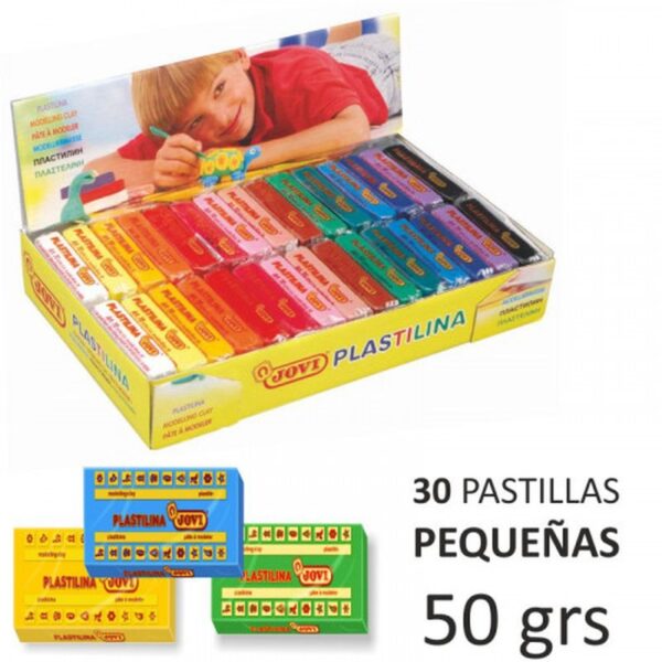 CAJA EXPOSITORA 30 PASTILLAS PLASTILINA 50 G COLORES SURTIDOS (2 UDS X 15 COLORES) JOVI 70S