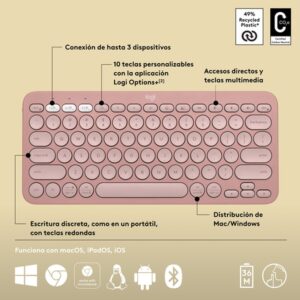 Logitech Pebble Keys 2 K380s teclado RF Wireless + Bluetooth QWERTY Español Rosa Logitech Pebble Keys 2 K380s teclado RF Wireless + Bluetooth QWERTY Español Rosa