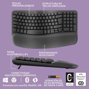 Logitech Wave Keys, teclado ergonómico inalámbrico con reposamanos acolchado, escritura cómoda y natural, Easy-Switch, Bluetooth, Logi Bolt, multisistema operativo, Windows/Mac,QWERTY Español, Grafito Logitech Wave Keys, teclado ergonómico inalámbrico con reposamanos acolchado, escritura cómoda y natural, Easy-Switch, Bluetooth, Logi Bolt, multisistema operativo, Windows/Mac,QWERTY Español, Grafito