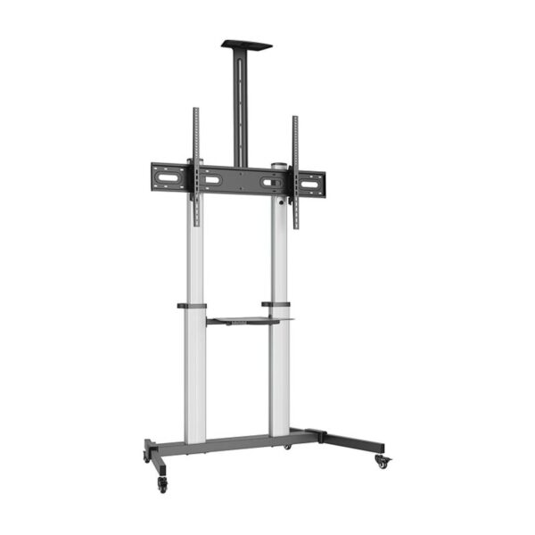 AISENS Soporte de suelo PRO con ruedas, bandeja para DVD y soporte de cámara para Monitor/TV 100Kg de 60-100, Negro-Plata