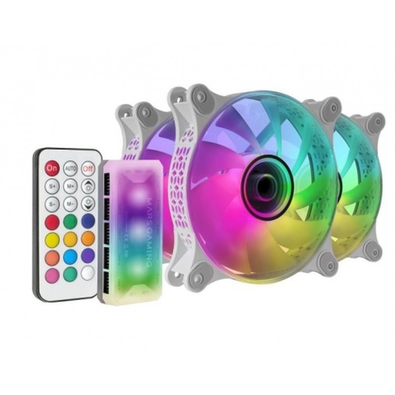 Mars Gaming MF-3DKIT Blanco, Kit 3 Ventiladores ARGB 360° 12cm, Espejo Infinito 3D, Sistema Anti-vibraciones, Controlador ARGB, Mando a Distancia RF, Compatibilidad Total