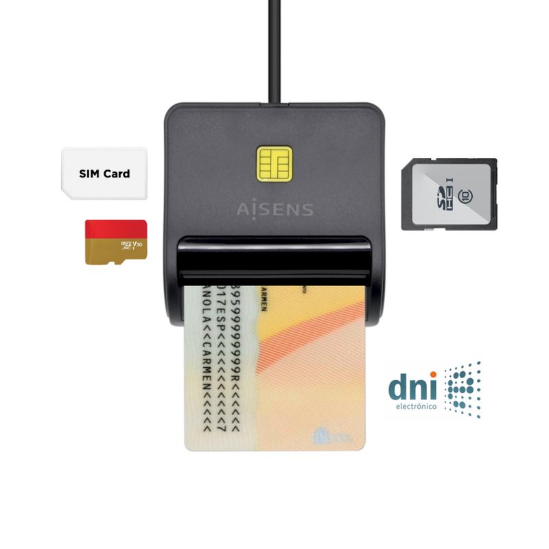 AISENS Lector de Tarjeta Inteligente DNI con Lector de Tarjetas SIM, SD, Micro SD, MMC, RS-MMC, MMC Micro, Negro AISENS Lector de Tarjeta Inteligente DNI con Lector de Tarjetas SIM, SD, Micro SD, MMC, RS-MMC, MMC Micro, Negro