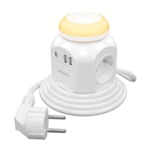 AISENS Regleta de Enchufes Sobremesa Multifuncion con 4 Tomas + 1xUSB-C 20W PD3.0, 2xUSB-A 18W QC3.0, Luz Nocturna, 1.8M, Blanco