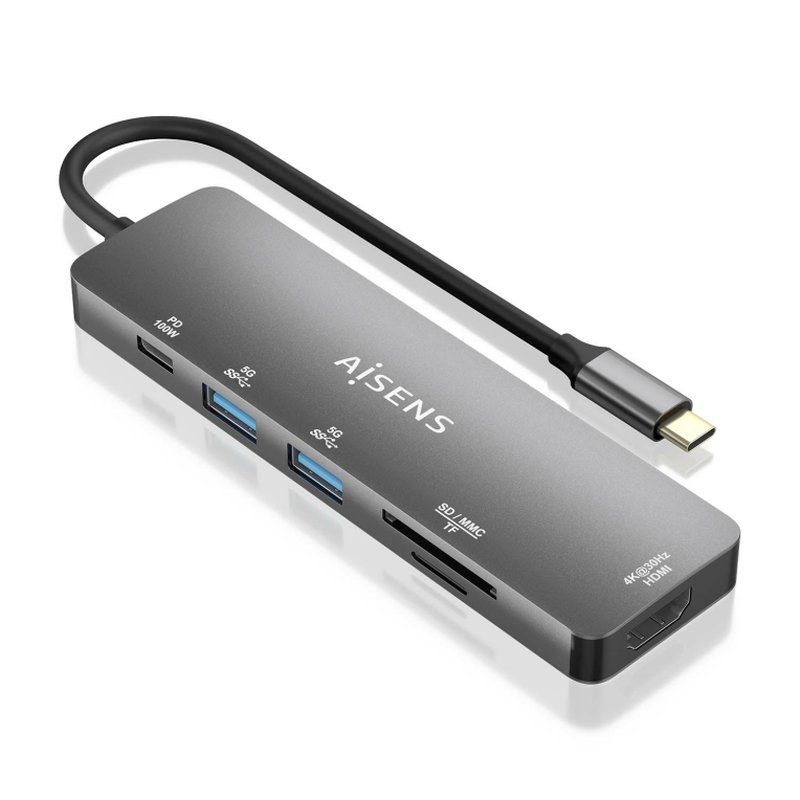 AISENS USB-C Dock 6 EN 1, USB-C a 1xHDMI, 2xUSB-A, 1xUSB-C PD 100W, 1xSD, 1xMicro SD, Gris, 15cm AISENS USB-C Dock 6 EN 1, USB-C a 1xHDMI, 2xUSB-A, 1xUSB-C PD 100W, 1xSD, 1xMicro SD, Gris, 15cm