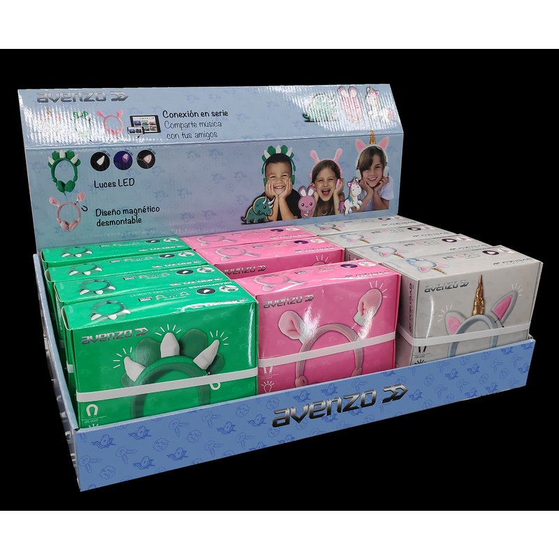 AVENZO Pack Auriculares Infantiles + Expositor: 4 Conejo + 4 Dinosaurio + 4 Unicornio + expositor