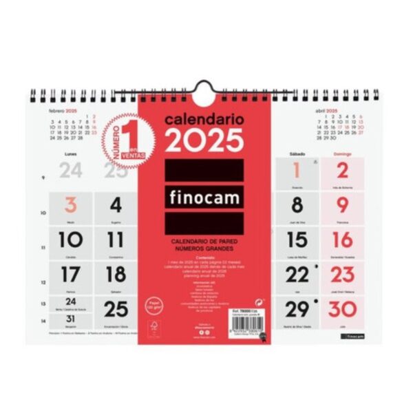 CALENDARIO 2025 NEUTRO PARED NUMEROS GRANDES 300X300MM FINOCAM 780570025