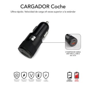 CARGADOR USB SUBBLIM 20W 3A USB + USB-C BLACK PARA COCHE + CABLE USB-C / LIGHTNING
