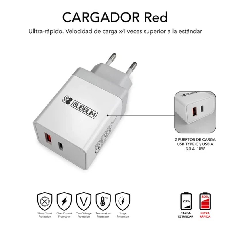 CARGADOR USB SUBBLIM 25W 3.1 A USB + USB-C WHITE PARA CASA + CABLE USB-C +ADAPTADOR USB-C A LIGHTNING - Imagen 3