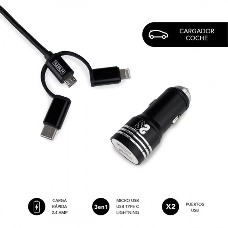 SUBBLIM Cargador coche Dual Alum 2.4A + Cable 3 in1 Black