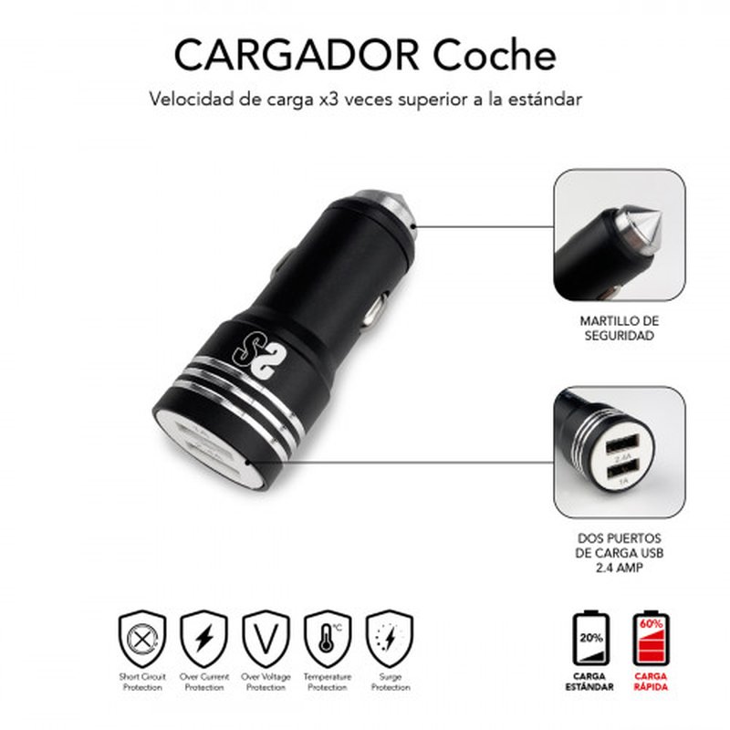 SUBBLIM Cargador coche Dual Alum 2.4A + Cable 3 in1 Black - Imagen 3