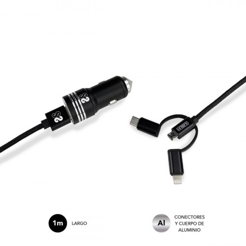 SUBBLIM Cargador coche Dual Alum 2.4A + Cable 3 in1 Black - Imagen 4